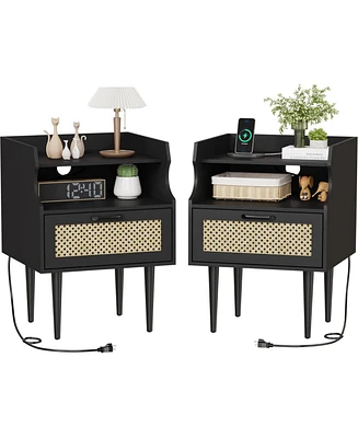 gaomon Nightstand Set of 2, Rattan End Table with Charging Station, 2 Open Shelves Beside Table with Drawer and Solid Legs