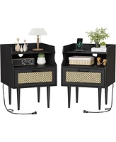 gaomon Nightstand Set of 2, Rattan End Table with Charging Station, 2 Open Shelves Beside Table with Drawer and Solid Legs