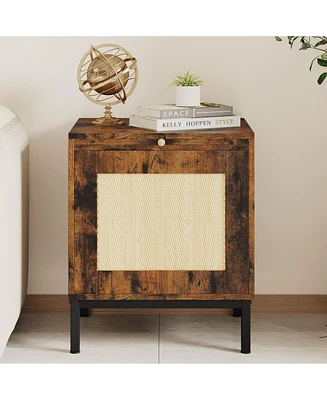 gaomon Rattan End Table, Wood Nightstand with Tray for Living Room