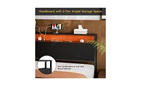 Slickblue Storage Headboard with Led Lights & Charging Station – 2-Tier Shelf for Organized Convenience