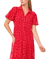 CeCe Women's Bow-Print Short-Sleeve Tiered Maxi Shirt Dress