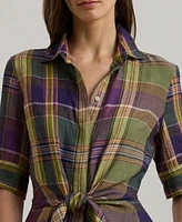 Lauren Ralph Women's Plaid Tie-Front Linen Shirtdress