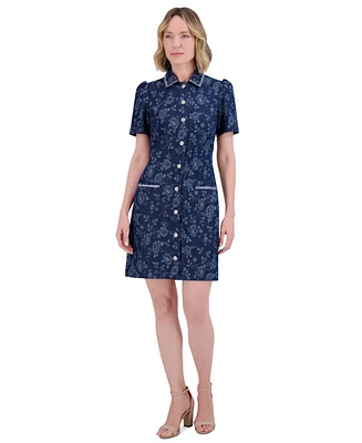 Eliza J Women's Floral Rhinestone-Trim Collared Denim Shirtdress