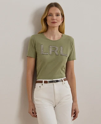 Lauren Ralph Women's Beaded-Logo Cotton Jersey Tee