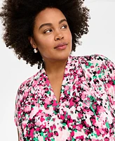 Kasper Plus Printed V-Neck Cap-Sleeve Blouse
