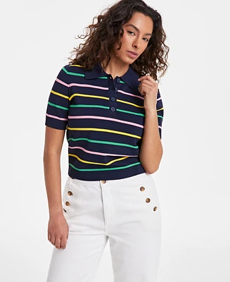 On 34th Women's Striped Short Sleeve Polo Sweater