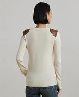 Lauren Ralph Women's Faux-Leather-Trim Cotton-Blend Sweater