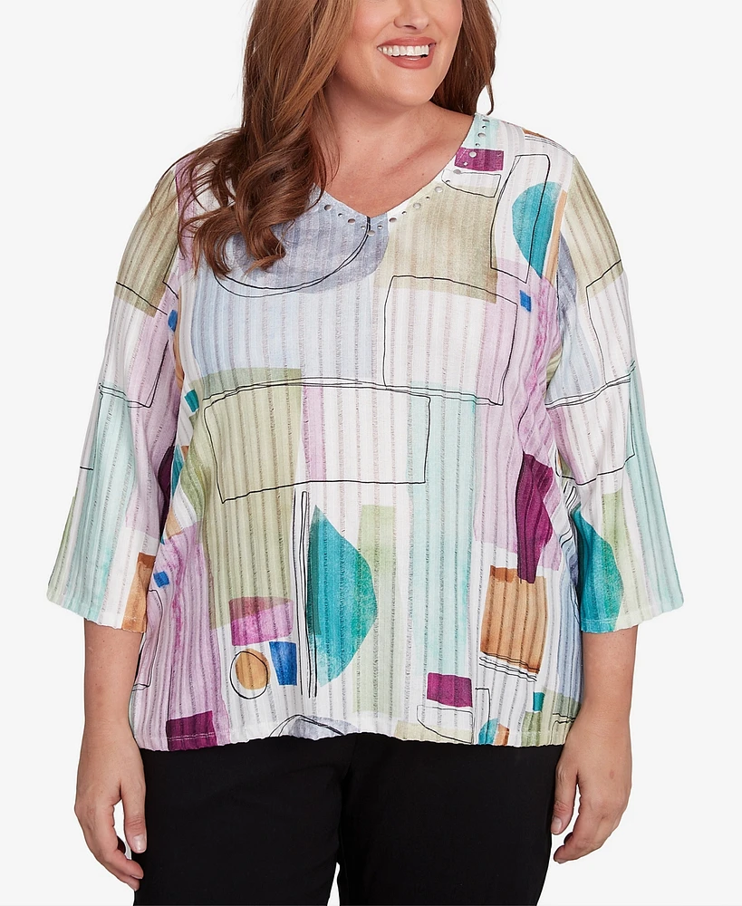 Alfred Dunner Plus Classic Geometric V-Neck Three Quarter Sleeves Top