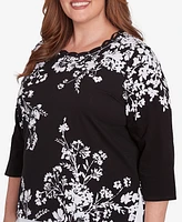 Alfred Dunner Plus Classic Asymmetric Floral Monotone Crew Neck Top