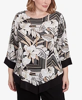 Alfred Dunner Plus Classic Floral Geometric Crew Neck Top with Necklace