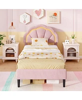 Gouun Upholstered Led Bed Frame with Adjustable Flower Headboard and Metal Support Feet-Twin Size