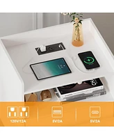 gaomon Nightstand Set of 2, Rattan End Table with Charging Station, 2 Open Shelves Beside Table with Drawer and Solid Legs