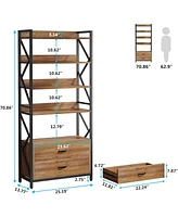 Tribesigns Bookshelf with Drawers, 70.8" Industrial Bookcase with 2 Drawers, 5 Shelf Open Shelf for Storage, Wood Book Shelf for Living Room, Bedroom,