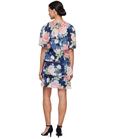 Sl Fashions Women's Floral Cape-Overlay Tiered Dress