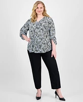 Ak Anne Klein Plus Size Printed V-Neck Pleat-Front Blouse