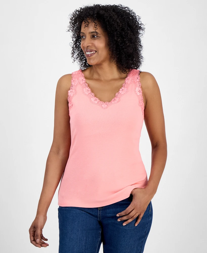 Style & Co Women's Lace-Trim Cotton Tank Top, Created for Macy's