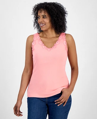 Style & Co Women's Lace-Trim Cotton Tank Top, Created for Macy's