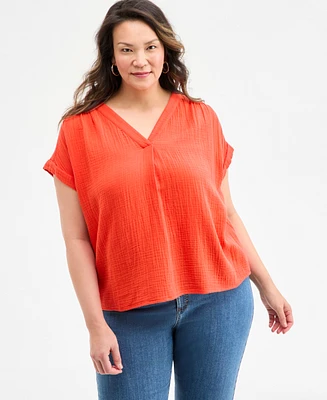 Style & Co Plus Solid V-Neck Camp Shirt, Exclusively at Macy's