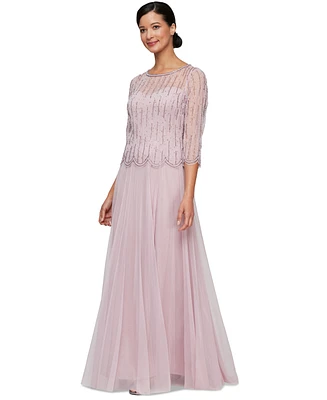 Alex Evenings Petite Beaded 3/4-Sleeve Chiffon Gown