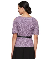 Alex Evenings Women's Embroidered Sequined Belted Top