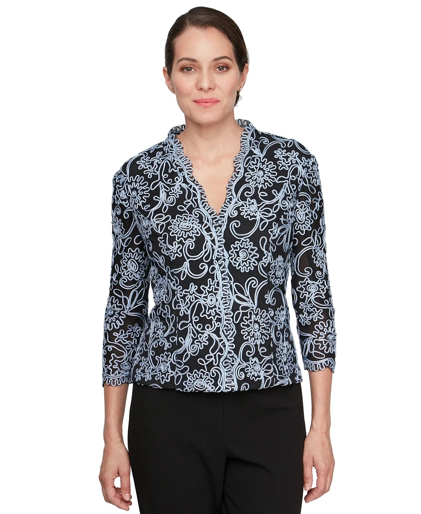 Alex Evenings Women's 3/4-Sleeve Embroidered Blouse