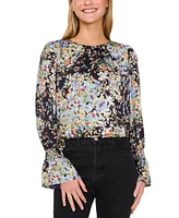 CeCe Women's Floral Print Smocked Cuff Blouse