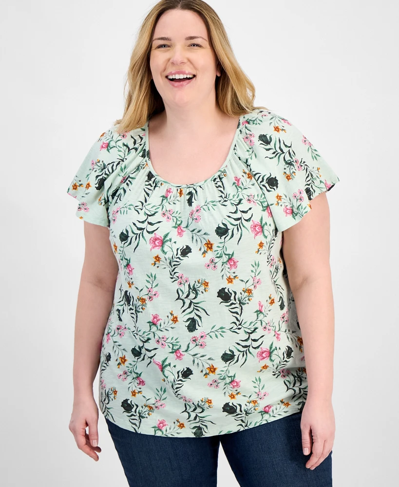 Style & Co Plus Printed Flutter-Sleeve Top, Exclusively at Macy's
