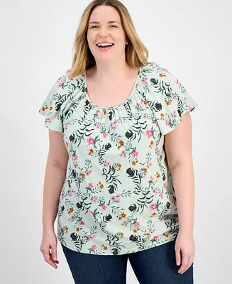 Style & Co Plus Printed Flutter-Sleeve Top, Exclusively at Macy's