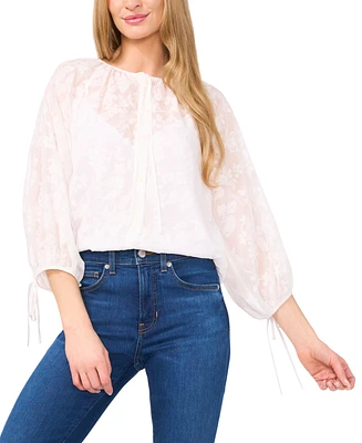 CeCe Women's Floral-Lace Button-Front Puff-Sleeve Blouse