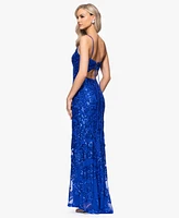 Blondie Nites Juniors' Sequin-Rose Side-Slit Gown