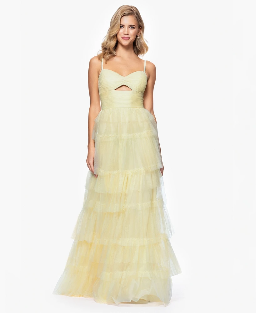Blondie Nites Juniors' Tiered-Mesh Cut-Out Dress