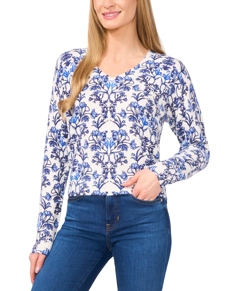 CeCe Women's Floral V-Neck Long-Sleeve Sweater