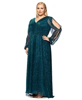 Betsy & Adam Plus Metallic Pleated Split-Sleeve Gown