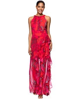 Betsy & Adam Petite Printed Ruffled Halter Gown