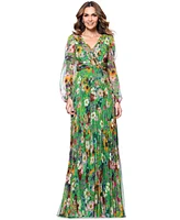 Betsy & Adam Petite Floral-Print Pleated Gown