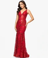 Blondie Nites Juniors' Glitter-Floral V-Neck Gown