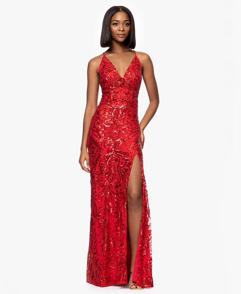 Blondie Nites Juniors' Sequin V-Neck Side-Slit Gown