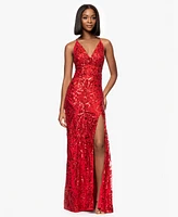 Blondie Nites Juniors' Sequin V-Neck Side-Slit Gown