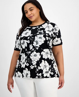 Ak Anne Klein Plus Printed Button-Back Short-Sleeve Top