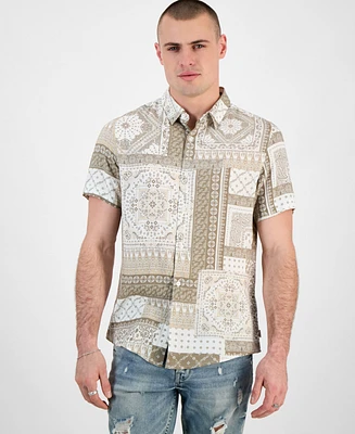 Guess Men's Regular-Fit Patchwork Tile-Print Button-Down Shirt