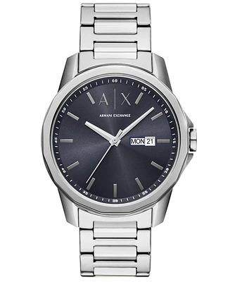 A|X Armani Exchange Men's Quartz Three-Hand Day-Date Silver Stainless-Steel Watch, 44mm