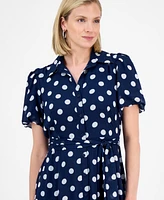 Sandra Darren Petite Dot-Print Puff-Sleeve Button-Down Midi Dress