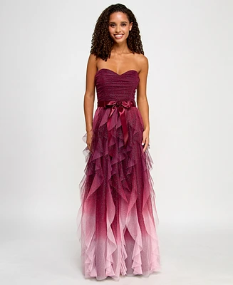 pear culture Juniors' Corkscrew-Ruffled Strapless Gown