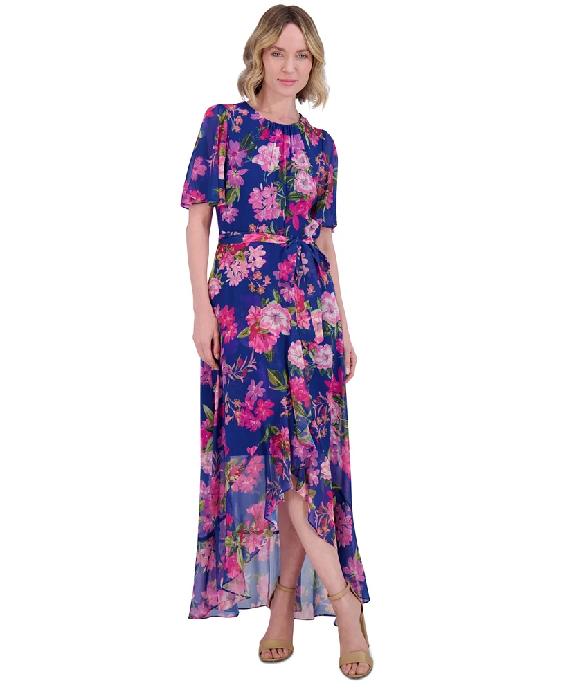 Jessica Howard Petite Floral-Print Belted Flutter-Sleeve Dress