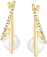 Effy Cultured Freshwater Pearl (6-1/2mm) & Diamond (1/6 ct. t.w.) Half Hoop Earrings in 14k Gold