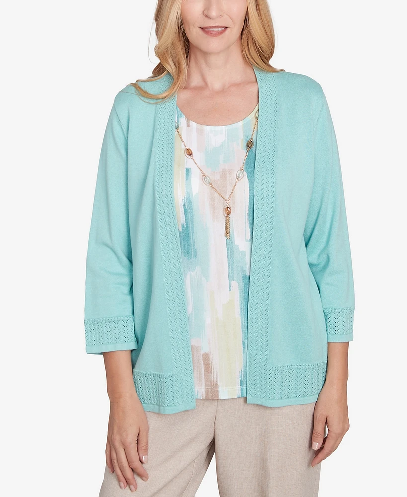 Alfred Dunner Petite Kensington Gardens Brushstroke Inner Two One Sweater with Necklace