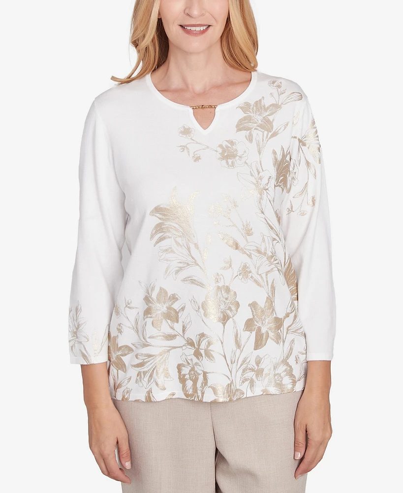 Alfred Dunner Petite Kensington Gardens Split Neck Botanical Gold Foil Print Sweater