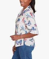 Alfred Dunner Petite Free Spirit Butterfly Button Up Cuffed Sleeve Top