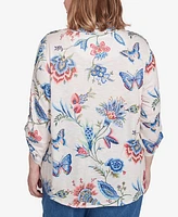 Alfred Dunner Plus Free Spirit Butterfly Button Up Cuffed Sleeve Shirt