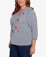 Alfred Dunner Plus Free Spirit Striped Butterfly Embroidered Top